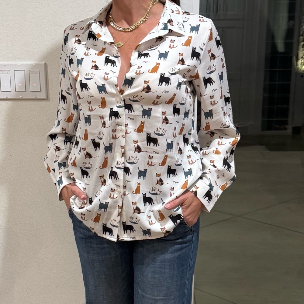 Cat Print Button-Up Blouse